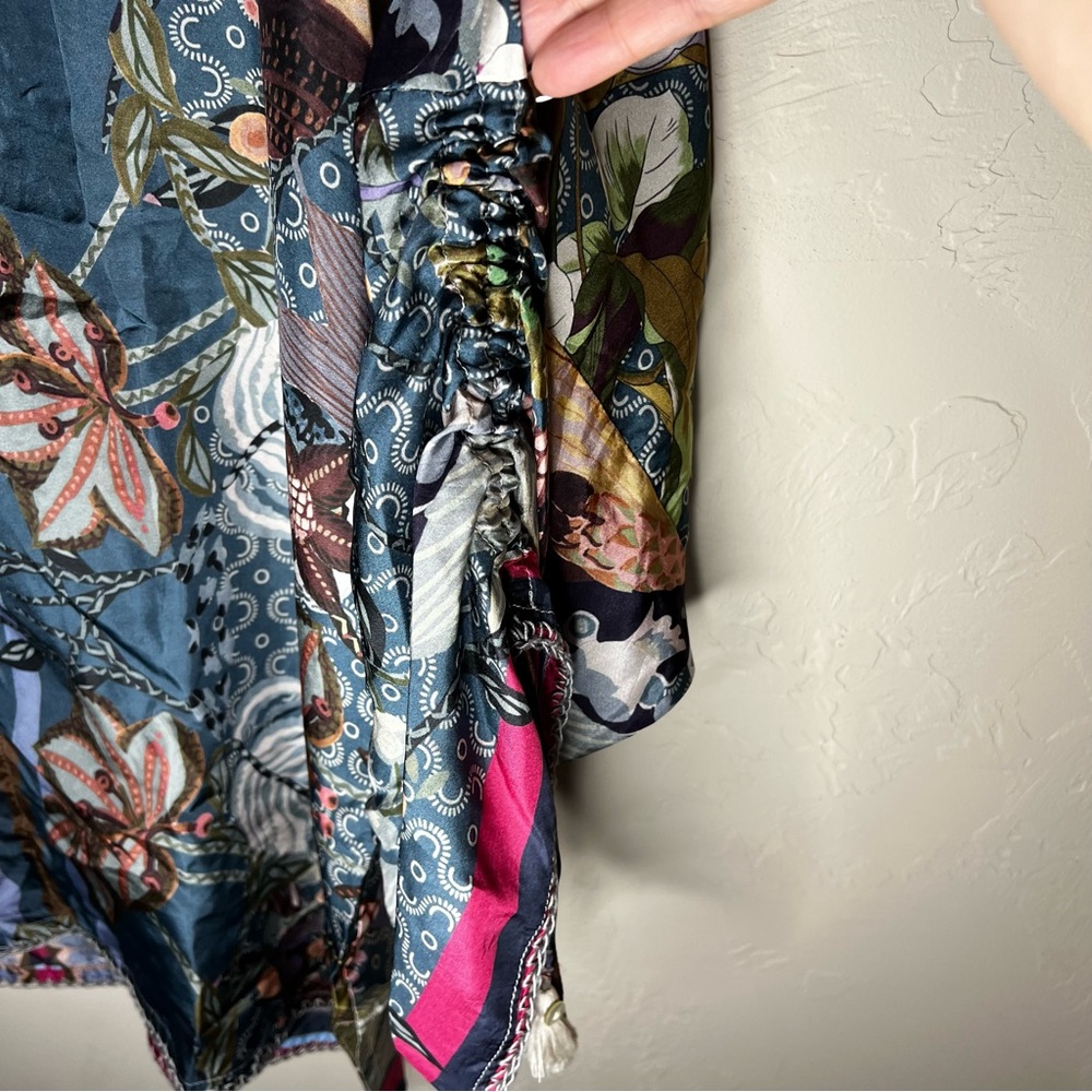 Johnny Was‎ Aran Georgia 100% Silk Floral Boho Ruched  Sleeves Tassel Trim Top - Picture 9 of 14